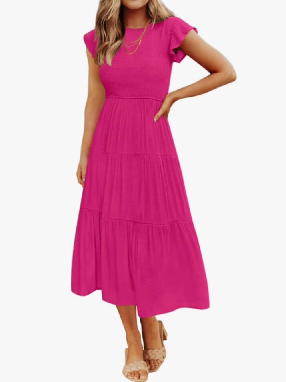 Coloody Fuchsia Pink Smocked Tiered Maxi Dress Flutter Sleeve Plus Size 2XL
